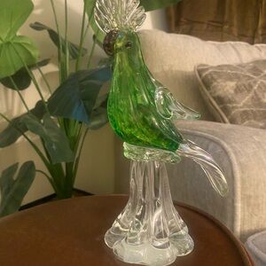 Murano Cockatoo Parrot BIRD Art Glass  rare green body clear comb 9.5"